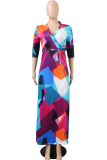 Pink Sexy Print Patchwork V Neck Waist Skirt Dresses