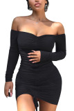 Wine Red Fashion Sexy Europe and America Off The Shoulder Long Sleeves One word collar Sheath skirt Solid Draped Dresses