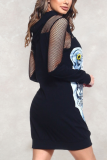 Black Sexy Print Patchwork Hooded Collar A Line Dresses