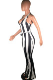 Black Fashion street Striped Backless Sleeveless V Neck Jumpsuits
