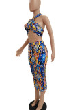 Blue Red Sexy Print Bandage Patchwork Frenulum Fold Halter Sleeveless Two Pieces