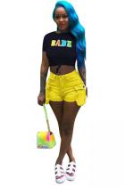 Yellow Denim Button Fly Zipper Fly Mid Solid Straight shorts Shorts