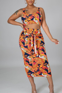 Orange Yellow Casual Print Bandage Patchwork U Neck Sleeveless Two Pieces