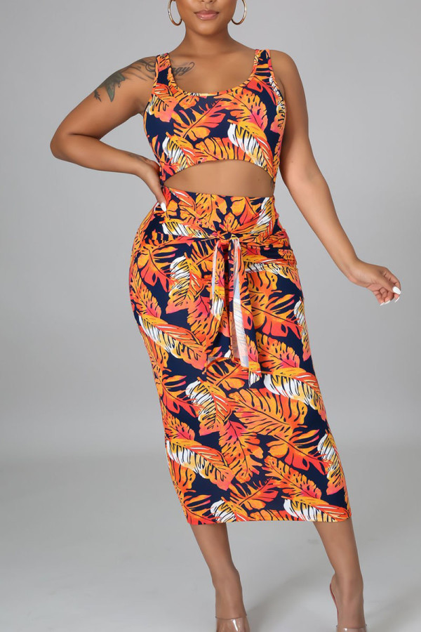 Orange Yellow Casual Print Bandage Patchwork U Neck Sleeveless Two Pieces
