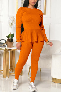 Orange Fashion Casual Solid Strap Design O Neck Long Sleeve Two Pieces