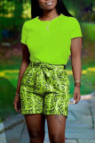 Green Casual Print Patchwork O Neck Short Sleeve Two Pieces
