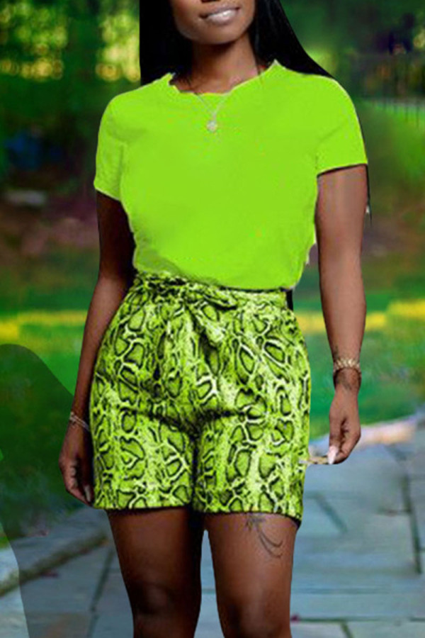 Green Casual Print Patchwork O Neck Short Sleeve Two Pieces