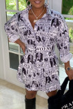 Black Street Print Patchwork Turndown Collar Shirt Dress Dresses