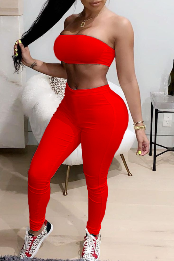 Red Sexy Solid Patchwork Strapless Sleeveless Two Pieces