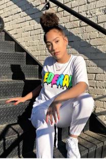 White O Neck Short Sleeve Letter Print