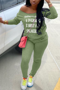 Green Fashion Sportswear Adult Milk Fiber Letter Letter One Shoulder Long Sleeve One Shoulder Regular Two Pieces