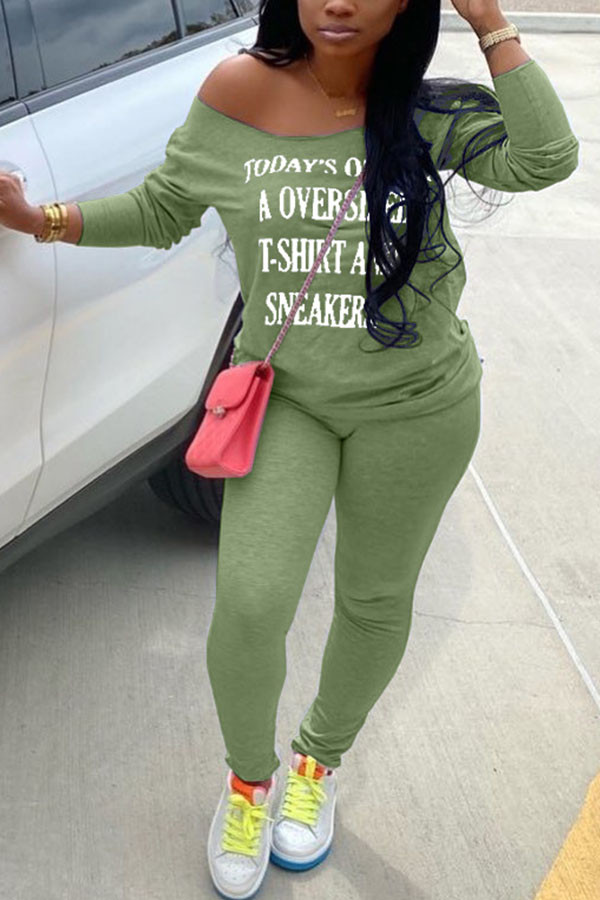 Green Fashion Sportswear Adult Milk Fiber Letter Letter One Shoulder Long Sleeve One Shoulder Regular Two Pieces