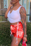 Red Sexy Print Ripped Contrast Spaghetti Strap Sleeveless Two Pieces