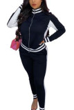 Black Casual Sportswear Spandex Blends Patchwork Solid Patchwork Pants Zipper Collar Long Sleeve Regular Sleeve Regular Two Pieces