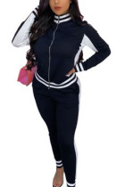 Black Casual Sportswear Spandex Blends Patchwork Solid Patchwork Pants Zipper Collar Long Sleeve Regular Sleeve Regular Two Pieces