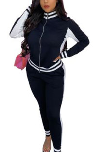 Black Casual Sportswear Spandex Blends Patchwork Solid Patchwork Pants Zipper Collar Long Sleeve Regular Sleeve Regular Two Pieces