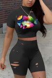 Black Fashion Active adult Ma'am Print Burn-out Two Piece Suits pencil Short Sleeve Two Pieces