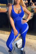 Blue Fashion street Patchwork Milk. Sleeveless Slip Jumpsuits