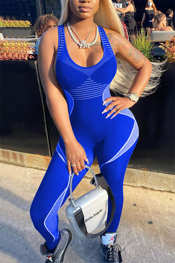 Blue Fashion street Patchwork Milk. Sleeveless Slip Jumpsuits