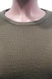 Brown O Neck Long Sleeve Patchwork Solid