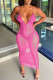 Rose Red Sexy Solid See-through Backless Spaghetti Strap Sleeveless Dress