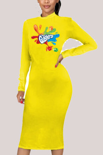 Yellow Fashion Casual Adult Print Patchwork O Neck Long Sleeve Knee Length A Line Dresses