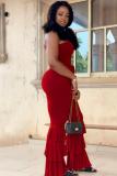 Red Casual Fashion Solid stringy selvedge Asymmetrical Sleeveless one shoulder collar Jumpsui