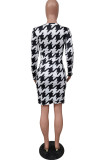 Black and white Fashion Sexy Print Patchwork O Neck Long Sleeve Knee Length Printed Dress Dresses
