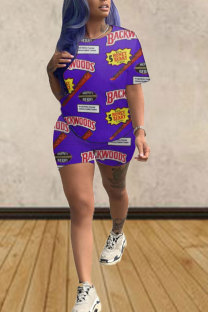 purple Fashion adult Street Letter Patchwork Print Two Piece Suits Straight Short Sleeve Two Pieces