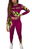 rose red Fashion Casual Adult Milk Fiber Print Patchwork O Neck Long Sleeve Regular Sleeve Short Two Pieces