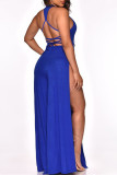 Black Fashion Sexy Solid Backless Slit O Neck Regular Jumpsuits