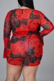 Red Casual Patchwork V Neck Plus Size Two Pieces