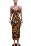 Leopard Print Sexy Print Hollowed Out Patchwork Spaghetti Strap Dresses