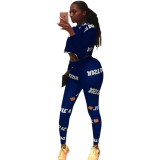 Blue Spandex Elastic Fly Long Sleeve Mid Letter Skinny Pants