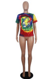 White Blue Yellow purple colour O Neck Short Sleeve Patchwork Print Character Tops