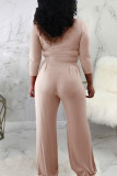 Grey Elegant Solid Without Belt O Neck Long Sleeve Two Pieces