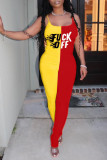 Yellow Red Fashion Sexy Letter Print Patchwork Backless Fold O Neck Skinny Jumpsuits