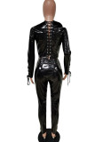 Black Fashion Casual Adult Faux Leather Solid Bandage Patchwork Turndown Collar Long Sleeve Regular Sleeve Short Two Pieces
