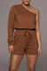 Coffee Casual Solid Patchwork Asymmetrical Oblique Collar Long Sleeve Two Pieces