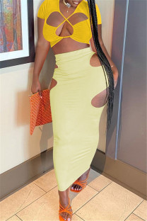 Yellow Fashion Sexy Solid Hollowed Out V Neck Short Sleeve Two Pieces