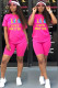 rose red Fashion Casual Letter Print Two Piece Suits Straight Short Sleeve Two Pieces