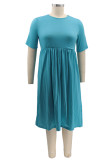 Blue Fashion Casual Plus Size Solid Basic O Neck Short Sleeve Dress (No Pocket)