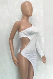 White Fashion Sexy Solid Backless Oblique Collar Irregular Dress