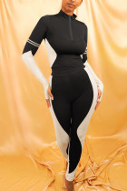 Black Sportswear Solid Patchwork Zipper Collar Long Sleeve Two Pieces