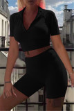 Rose Red Fashion Casual Solid Basic Turndown Collar Short Sleeve Two Pieces