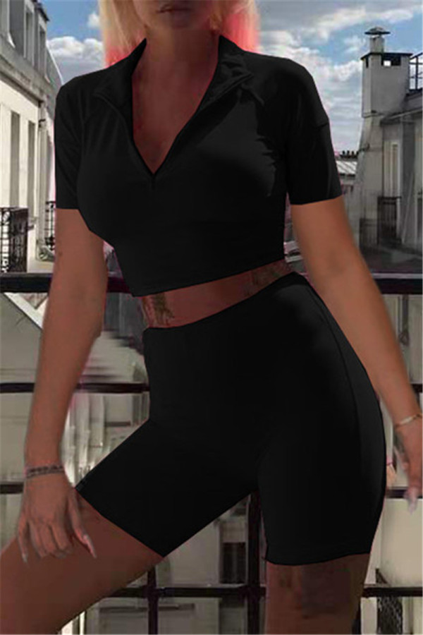 Black Fashion Casual Solid Basic Turndown Collar Short Sleeve Two Pieces