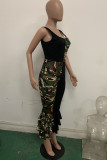Black Fashion Casual Print Patchwork Camouflage Ruffled Sleeveless O Neck Jumpsuits