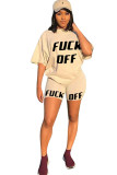 Khaki Fashion Sexy adult Ma'am Letter Patchwork Print Two Piece Suits pencil Short Sleeve Two Pieces