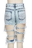 Blue Sexy Solid Ripped Mid Waist Skinny Denim Shorts