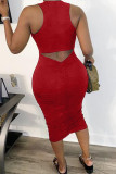 Red Fashion Solid Backless Asymmetrical O Neck Asymmetrical Dresses